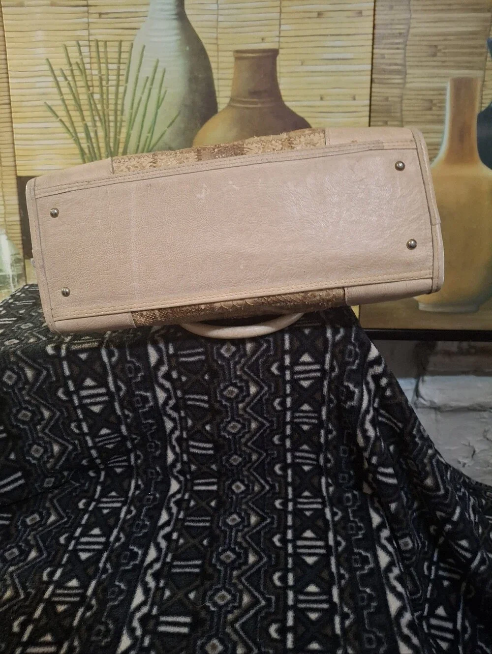 Beige Snake-Texture Satchel Handbag